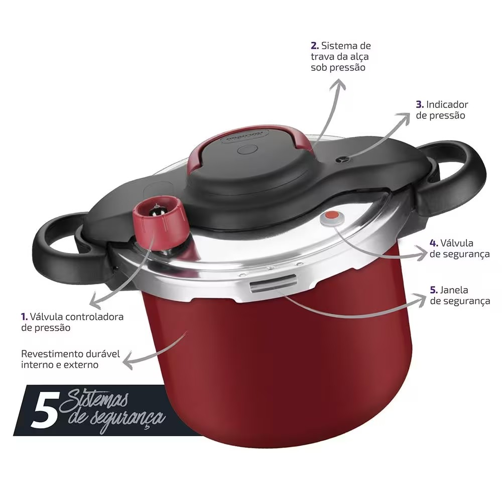 Panela de Pressão 4,5 L Rochedo Clipso Fechamento Externo em Alumínio com Revestimento Antiaderente e 5 Sistemas de Segurança - Vermelha
