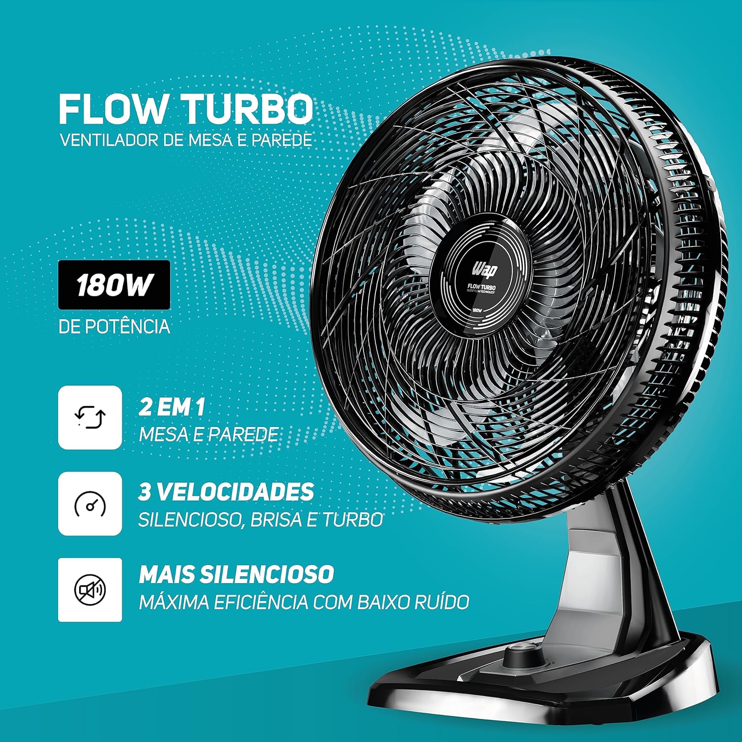 WAP Ventilador de Mesa e Parede 50cm FLOW TURBO, com Tecnologia Silenciosa e Econômica, 8 Pás e 3 Velocidades, 180W