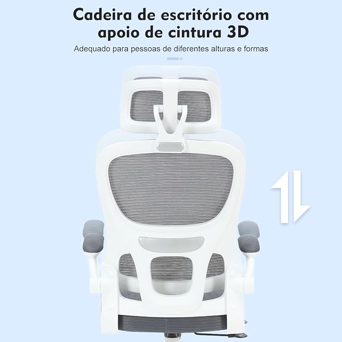 Cadeira de escritório, design ergonômico com suporte lombar independente, malha respirável e encosto de cabeça ajustável