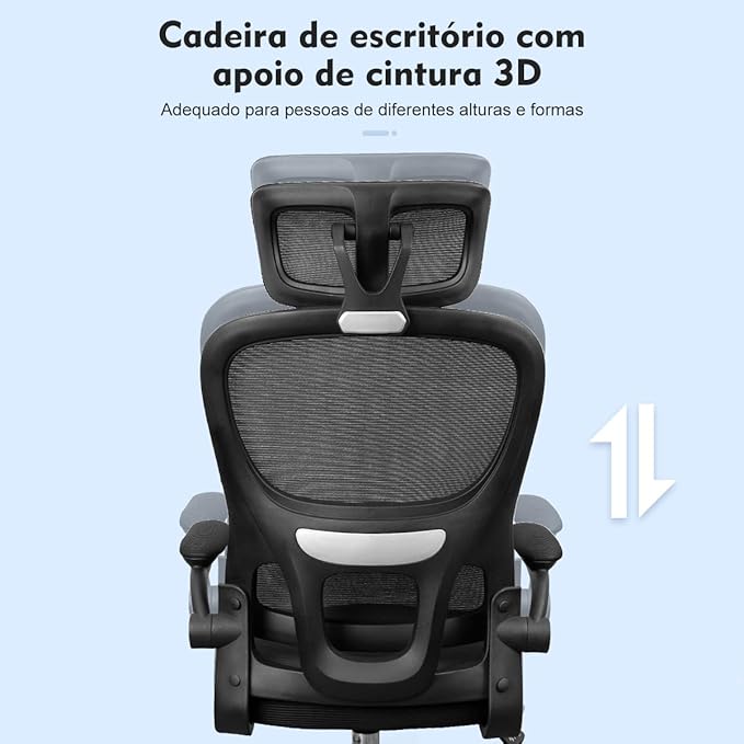 Cadeira de escritório, design ergonômico com suporte lombar independente, malha respirável e encosto de cabeça ajustável