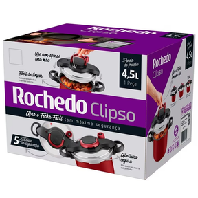 Panela de Pressão 4,5 L Rochedo Clipso Fechamento Externo em Alumínio com Revestimento Antiaderente e 5 Sistemas de Segurança - Vermelha