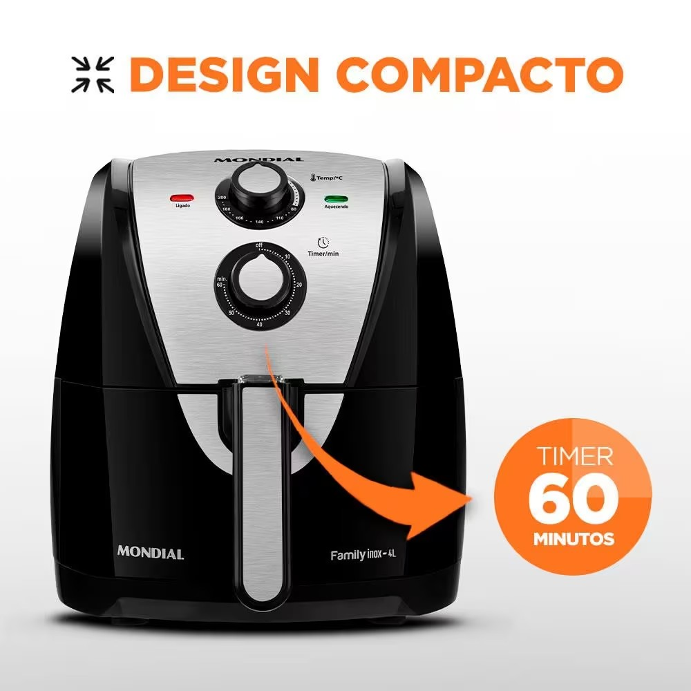 Fritadeira Elétrica Sem Óleo Air Fryer Mondial AFN40BI Family Inox 4L - Preta/Inox