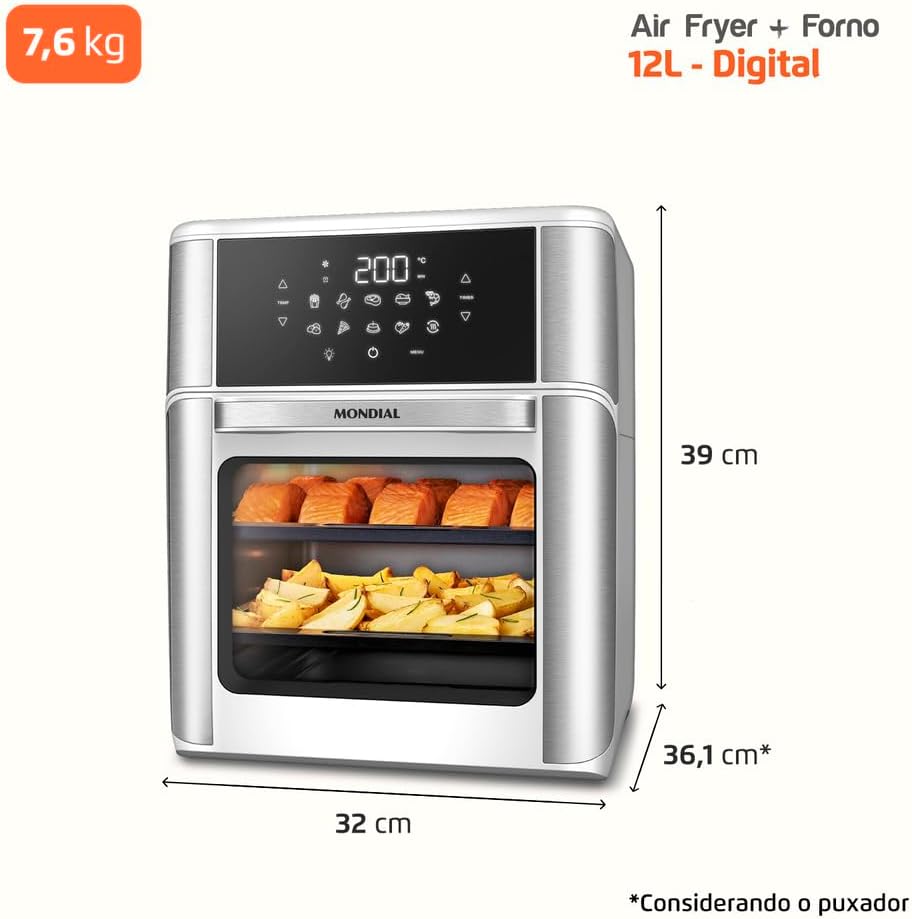 MONDIAL Fritadeira Air Fryer Forno Oven 12L, Preto/Inox, 2000W, 220V - AFON-12L-BI
