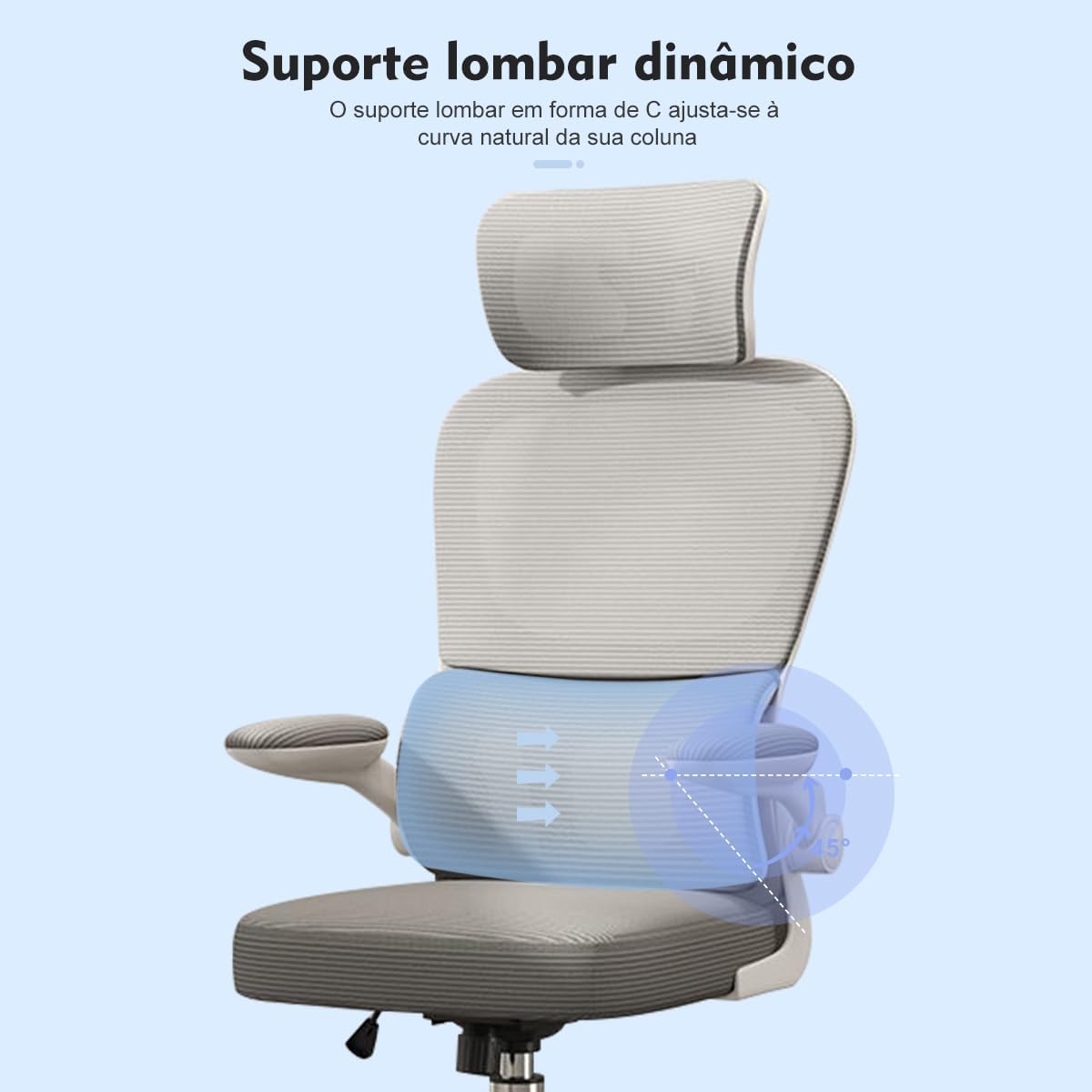Cadeira de escritório, design ergonômico com suporte lombar independente, malha respirável e encosto de cabeça ajustável