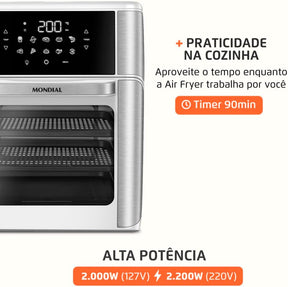 MONDIAL Fritadeira Air Fryer Forno Oven 12L, Preto/Inox, 2000W, 220V - AFON-12L-BI