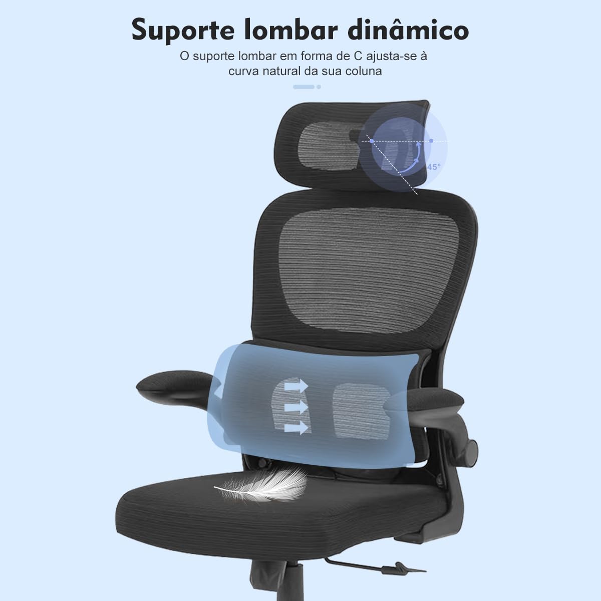Cadeira de escritório, design ergonômico com suporte lombar independente, malha respirável e encosto de cabeça ajustável