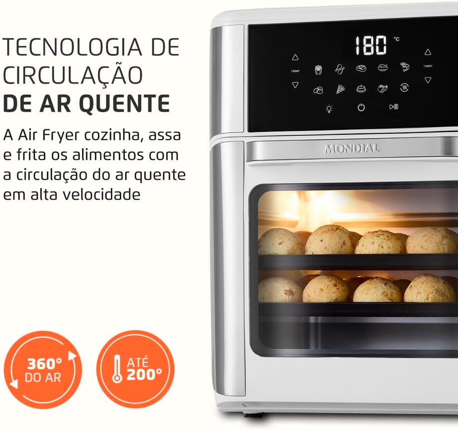 MONDIAL Fritadeira Air Fryer Forno Oven 12L, Preto/Inox, 2000W, 220V - AFON-12L-BI