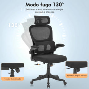Cadeira de escritório, design ergonômico com suporte lombar independente, malha respirável e encosto de cabeça ajustável