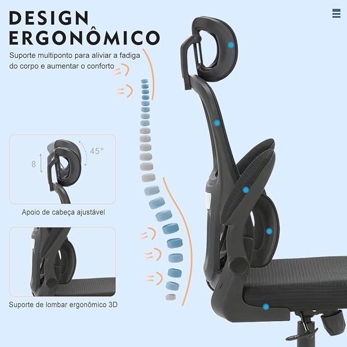 Cadeira de escritório, design ergonômico com suporte lombar independente, malha respirável e encosto de cabeça ajustável