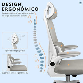Cadeira de escritório, design ergonômico com suporte lombar independente, malha respirável e encosto de cabeça ajustável