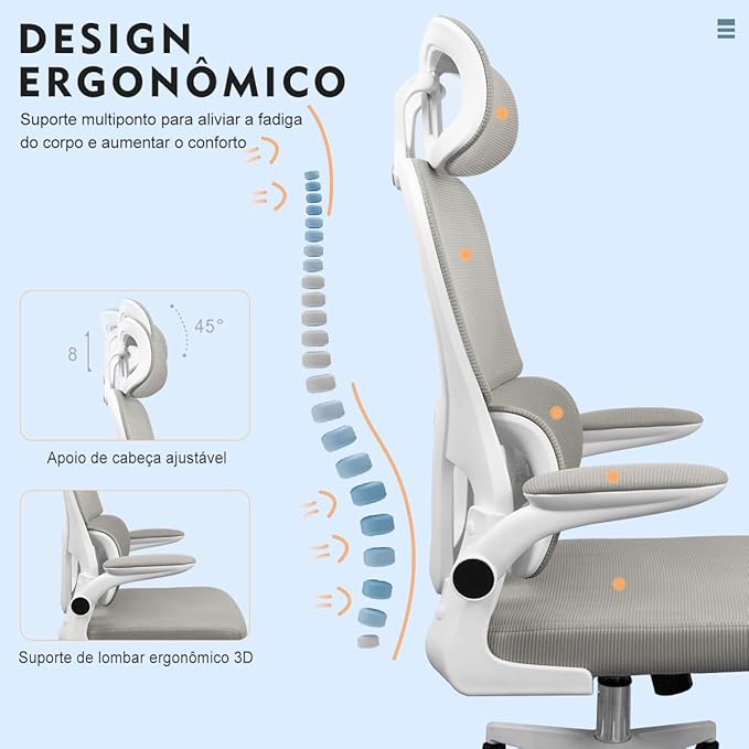Cadeira de escritório, design ergonômico com suporte lombar independente, malha respirável e encosto de cabeça ajustável