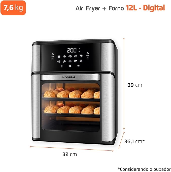 MONDIAL Fritadeira Air Fryer Forno Oven 12L, Preto/Inox, 2000W, 220V - AFON-12L-BI
