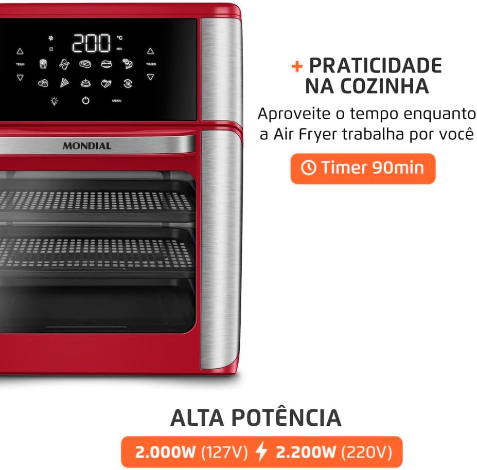 MONDIAL Fritadeira Air Fryer Forno Oven 12L, Preto/Inox, 2000W, 220V - AFON-12L-BI