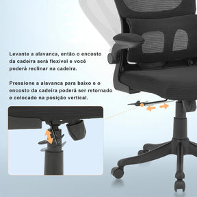 Cadeira de escritório, design ergonômico com suporte lombar independente, malha respirável e encosto de cabeça ajustável