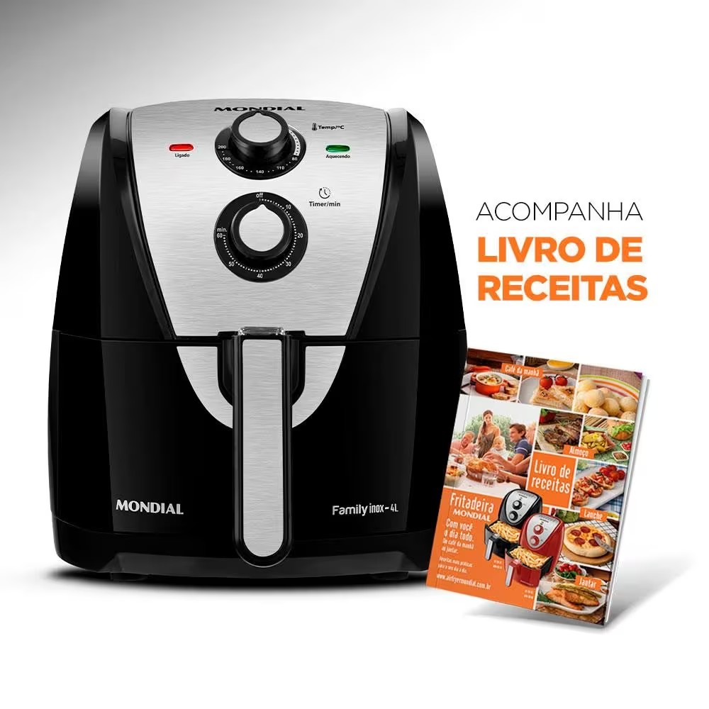 Fritadeira Elétrica Sem Óleo Air Fryer Mondial AFN40BI Family Inox 4L - Preta/Inox