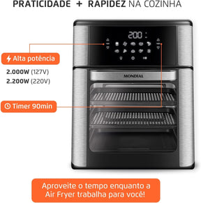 MONDIAL Fritadeira Air Fryer Forno Oven 12L, Preto/Inox, 2000W, 220V - AFON-12L-BI