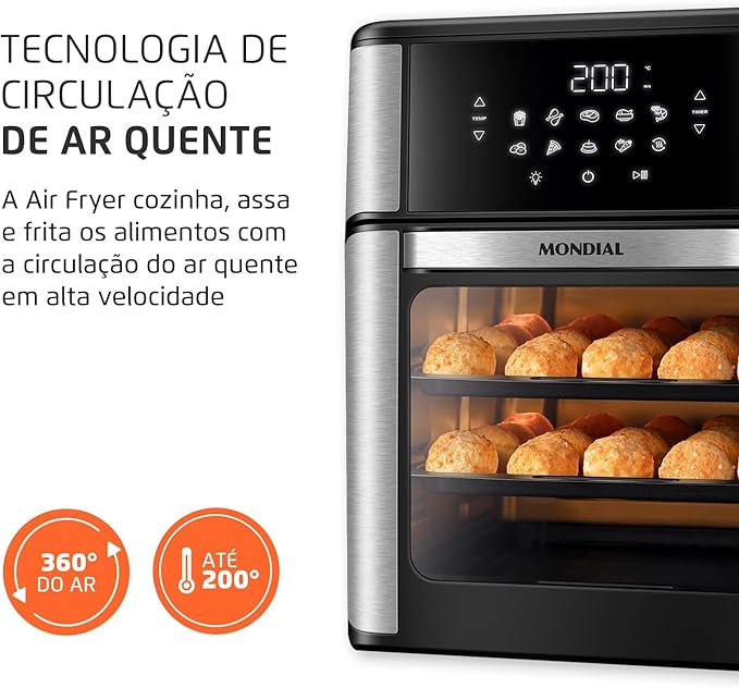 MONDIAL Fritadeira Air Fryer Forno Oven 12L, Preto/Inox, 2000W, 220V - AFON-12L-BI