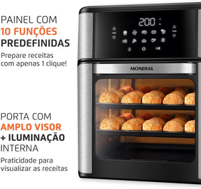 MONDIAL Fritadeira Air Fryer Forno Oven 12L, Preto/Inox, 2000W, 220V - AFON-12L-BI