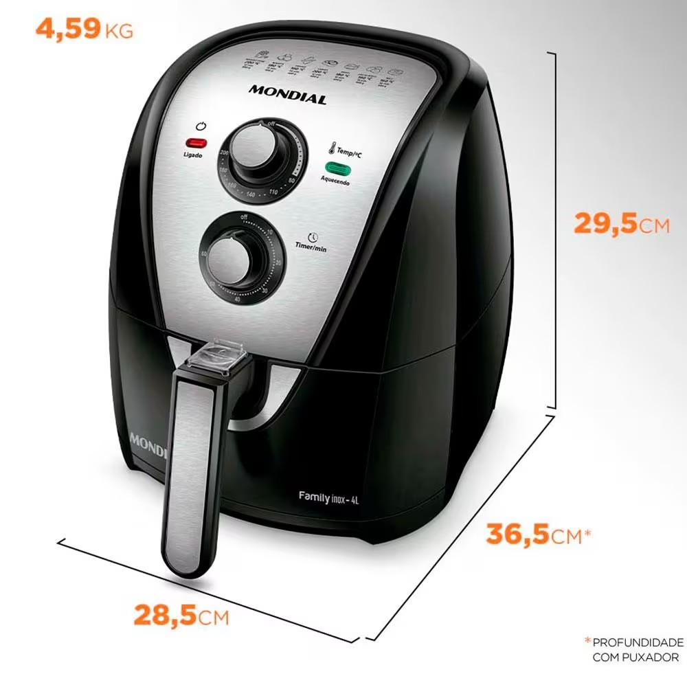 Fritadeira Elétrica Sem Óleo Air Fryer Mondial AFN40BI Family Inox 4L - Preta/Inox