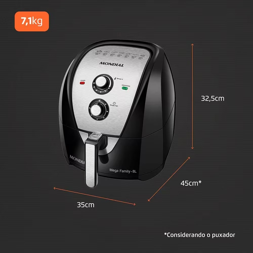Fritadeira Elétrica Sem Óleo Air Fryer Mondial Mega Family AFN-80-BI 8L – Preta/Inox