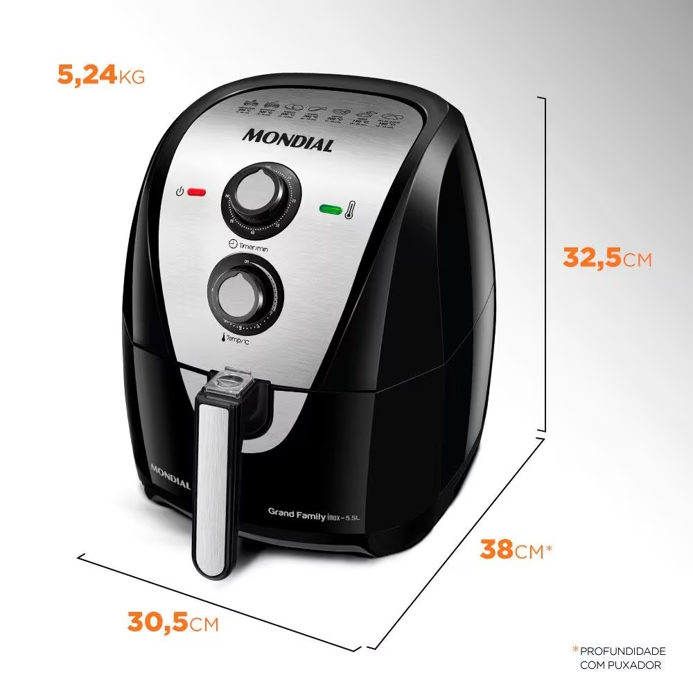 Fritadeira Elétrica Sem Óleo Air Fryer Mondial Grand Family AF-55I 5,5L – Preta/Inox