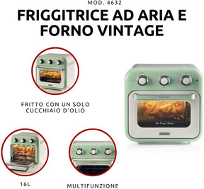 Ariete 4632, Fritadeira 2 em 1, Air Fryer e Forno Elétrico Vintage Verde, Capacidade de 16 Litros, 1400 Wats, Porta Transparente